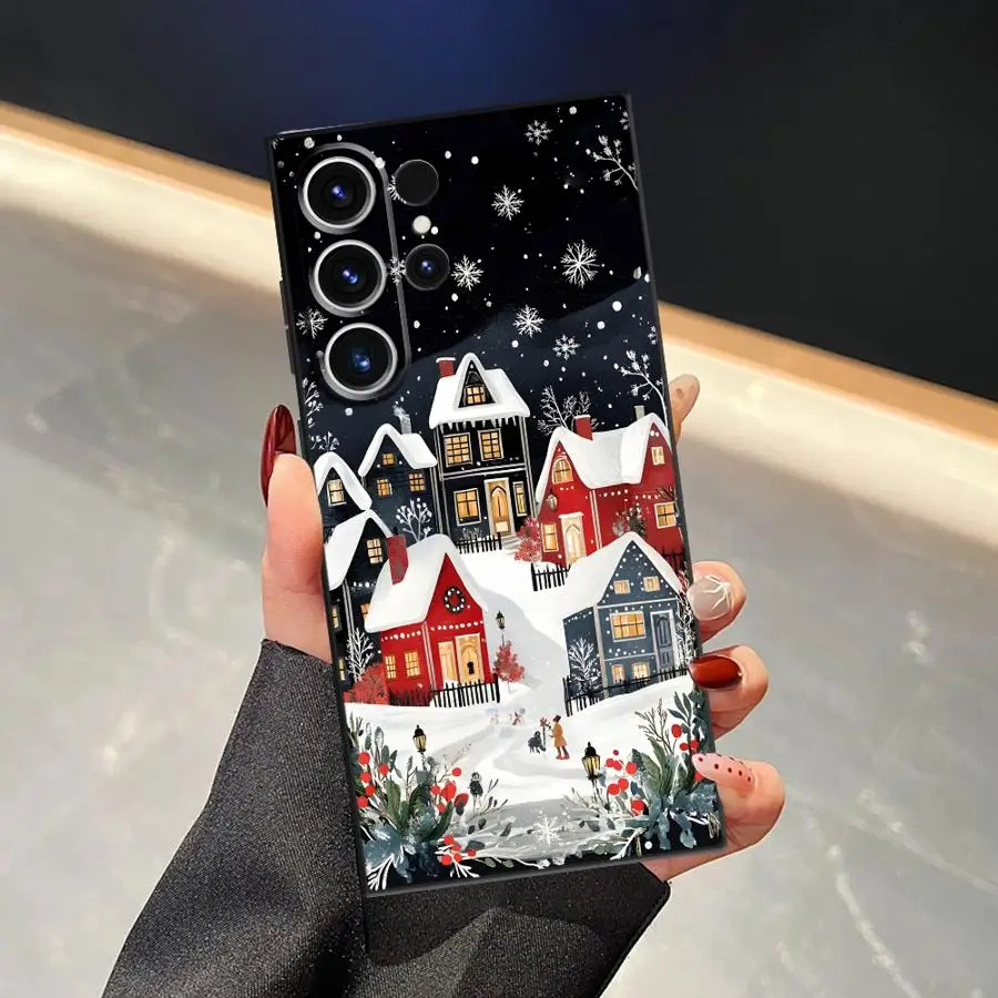 حافظة لهاتف سامسونج جالاكسي S21 FE S23 Ultra S25 Edge S20 S24 Plus غطاء هاتف ناعم أسود لأيام عيد الميلاد الثلجية