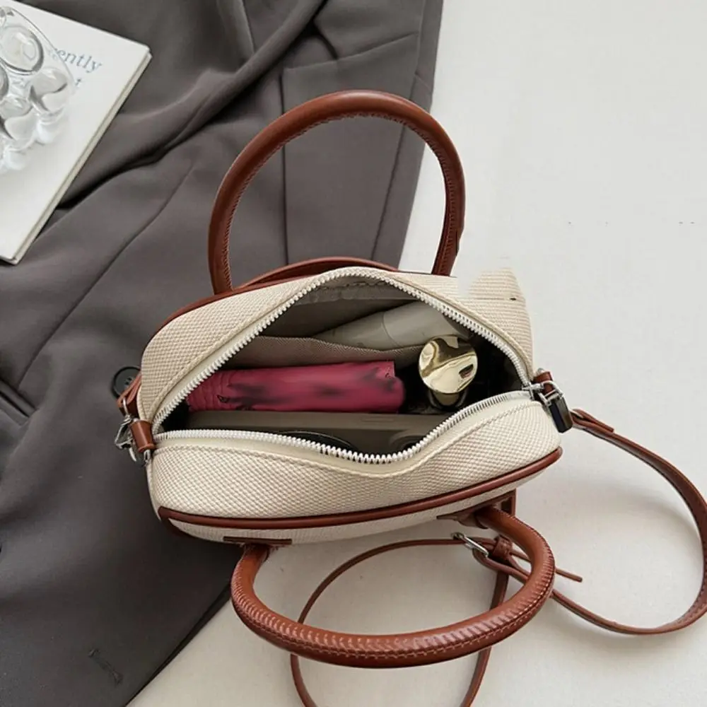 

High Quality Leather PU Bowling Bag Korean Style Solid Color Boston Tote Bag Handbag French Style Contrast Color Crossbody Bag