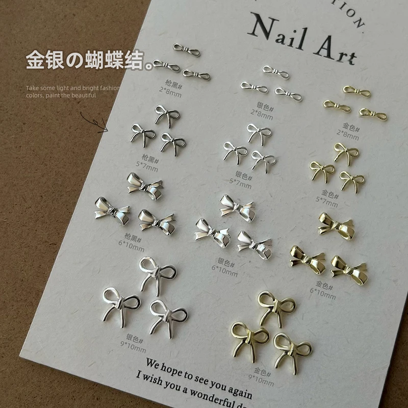 10pcs Metal Silver/Gold Butterfly Bow 3D Nail Art Decorations Ribbon Accents Mini Collar Bow Tie Accessory Rhinestones for Nails