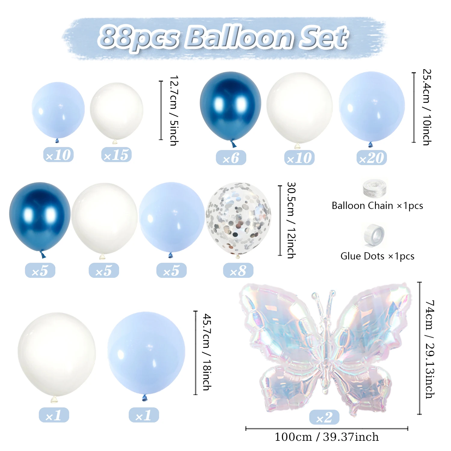 Buntes Schmetterlings-Ballon-Set, blauer und weißer Latex-Ballon, geeignet für Schmetterlings-Mottoparty, Hochzeit, Geburtstag, Dekoration – Detail 2
