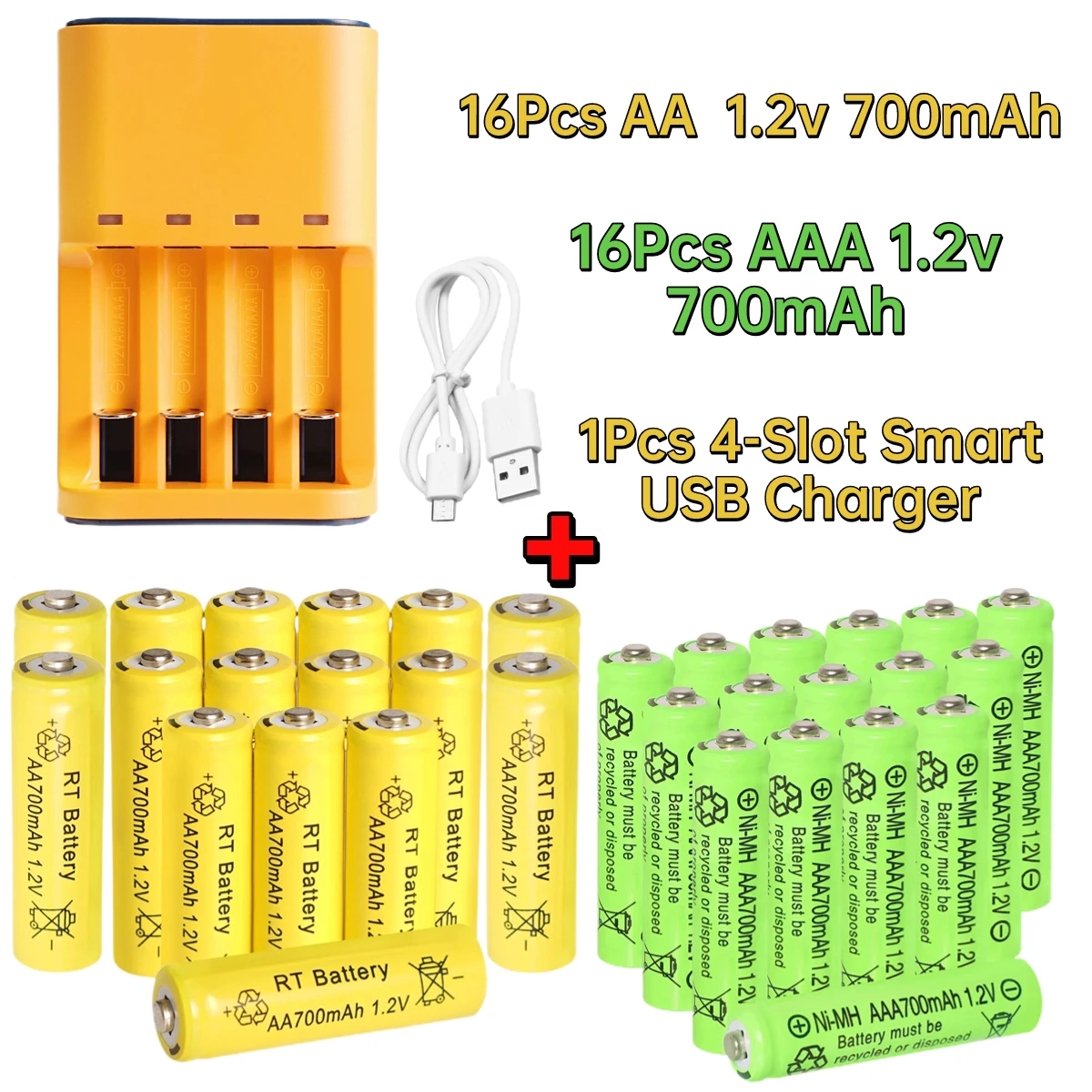 Skywolfeye 16Pcs AA & 16Pcs AAA 1.2V Ni-MH Rechargeable Batteries with USB Charger  4-Slot  for Garden Lights and Remotes Mice