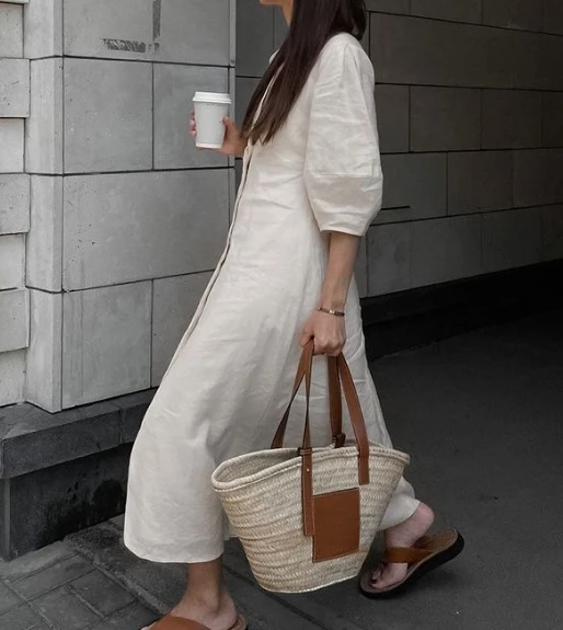 Sexy Elegant Dresses for Women New Fashion 2024 Summer Casual Light Cooked Beige Cotton Linen Bubble Sleeve Dress