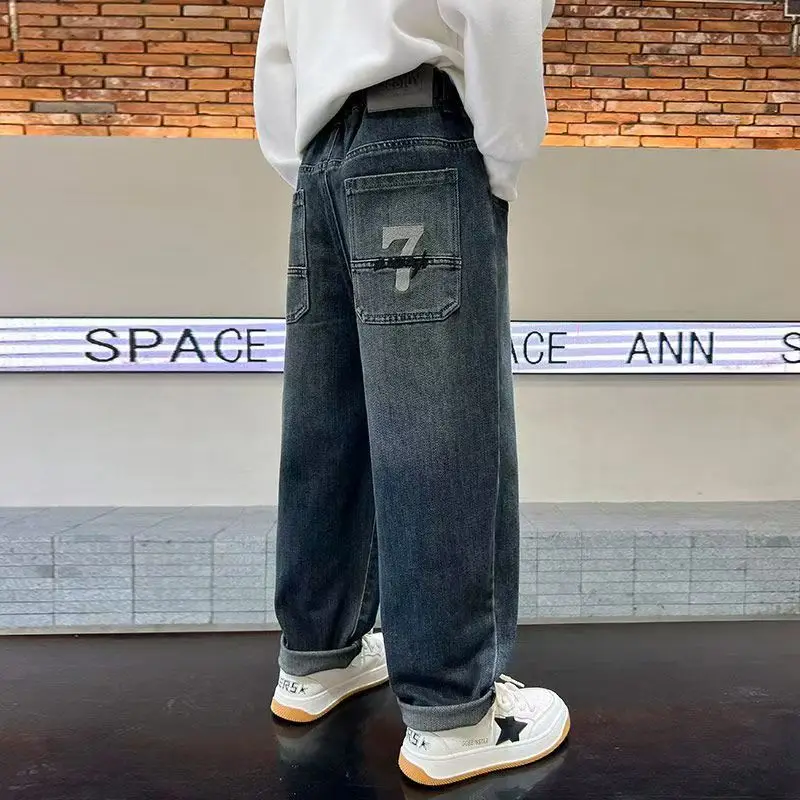 Winter-Jeans für Teenager-Jungen, Plüsch-Warm, 4-14 Jahre, Kinder-Mode, bestickte Buchstaben, Denim-Hose, Herbst, lässige, gerade geschnittene Sporthose – Detail 4