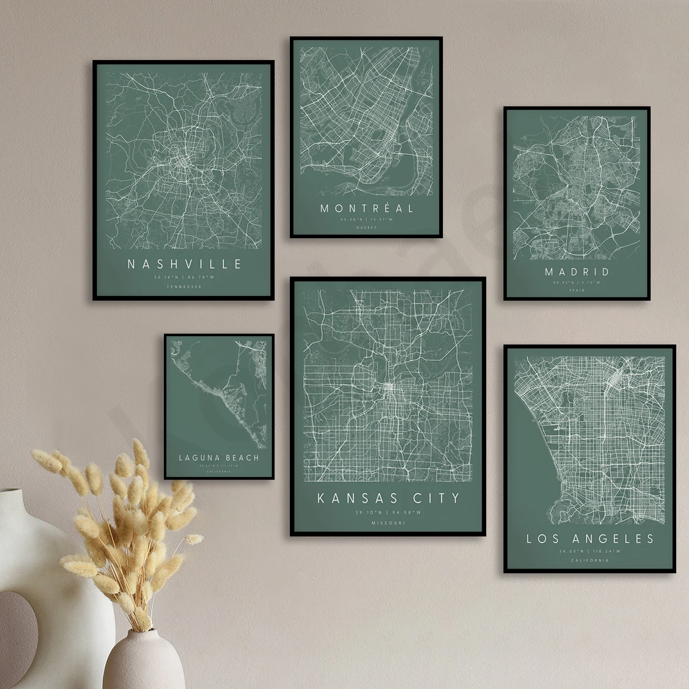 Houston Kansas Laguna Los Angeles Louisville Madrid Milwaukee Austin Montreal Nashville Banff Charleston.City Streets Map Poster