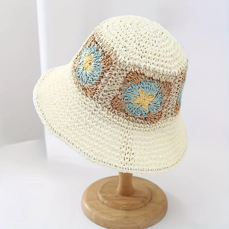 Sommer-Strohhut mit gewebter Blumendekoration, Sonnenhut, Bohemia-Strand-Urlaubshut, faltbar, tragbar, Sonnenschutzhut für Damen, Reisen – Detail 5