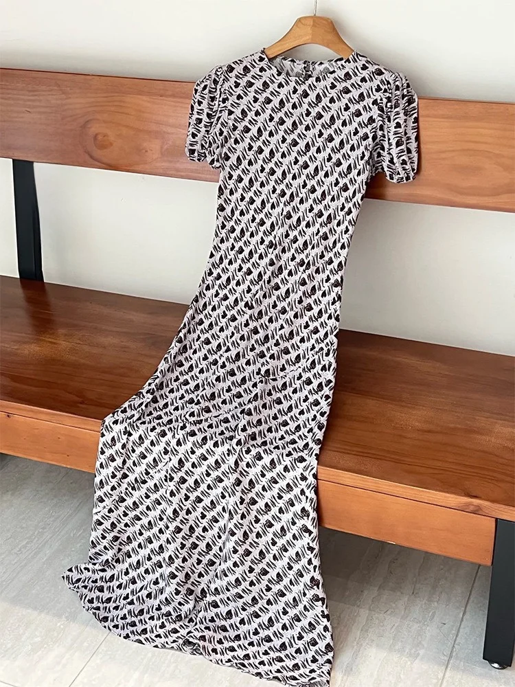 

Limited Time Design 25 Early Autumn Purple Coffee Bubble Sleeve Print A-Line Dress Ladies Short Sleeve V-Neck Outdoor Dress
