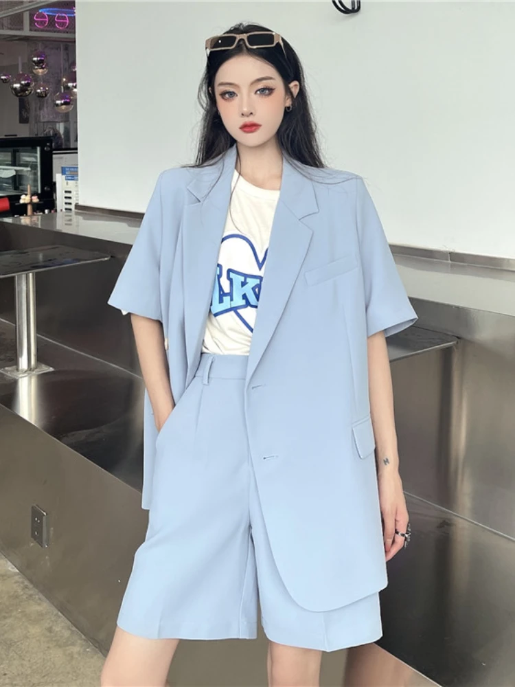 2022 New Summer Blazer Two-piece Suits Women Fashion Loose Short Sleeve Jacket + Shorts Sets Woman