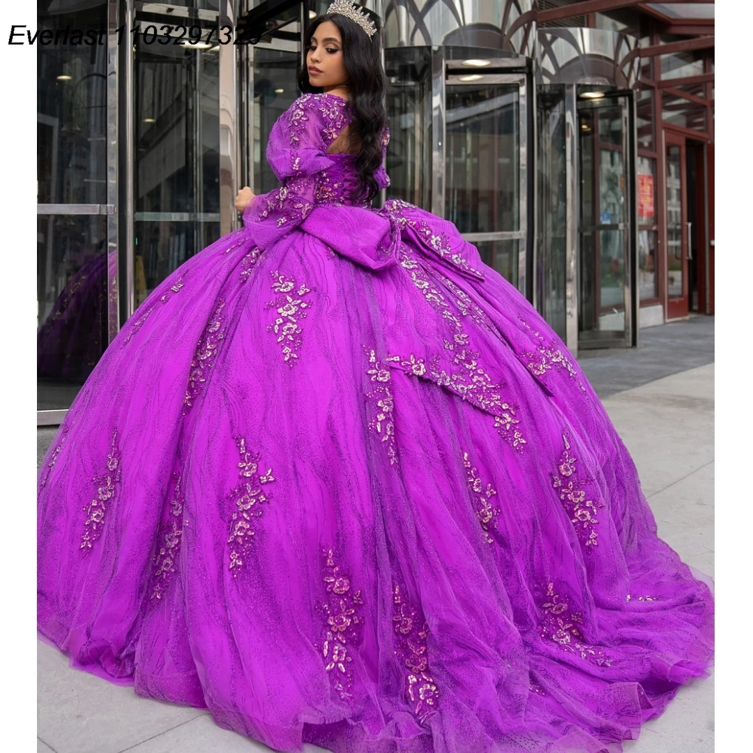 EVLAST Customized Fuchsia Quinceanera Dress Ball Gown Long Sleeve Lace Applique Beaded Bow Sweet 16 Vestido De 15 Anos TQD458