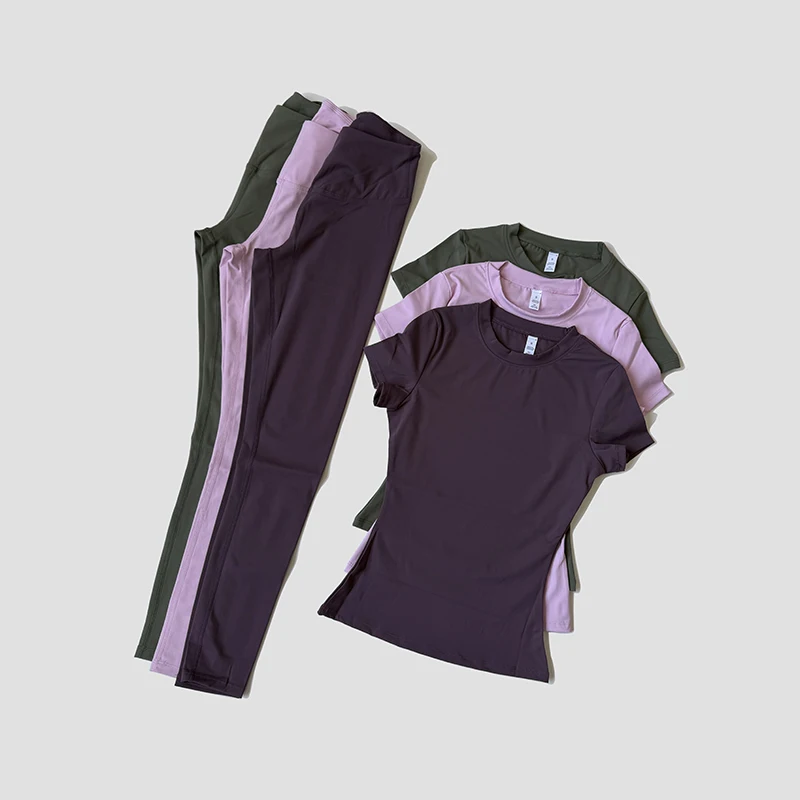 Yoga Set Women Sportswear Workout Clothes Athletic Wear Gym Legging Fitness Crop Top Short Sleeves Sports Suit