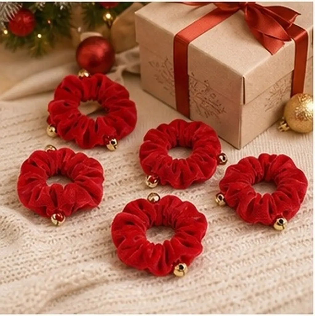 5Pcs Premium Elastic Christmas Hair Bands Sequins Accented Ponytail Holders Festive Red Bell Theme for Women Daily Use