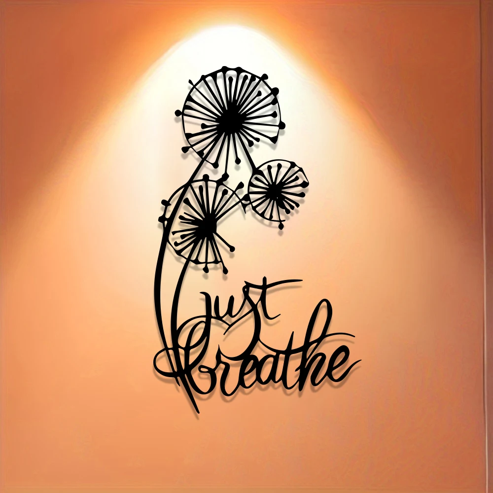 1pc Elegant Minimalist Metal Wall Art Decor, Dandelion Flower Design with Inspirational Quote 'Just Breathe', Bedroom Decor