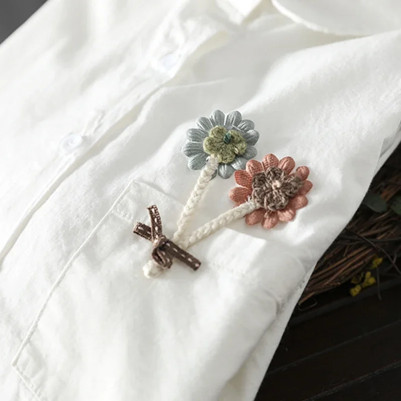 Spring Autumn Sweet Hand Flower Embroidered Shirt Camisa Women Long Sleeved Turn Down Collar Casual Loose Blouse Tops