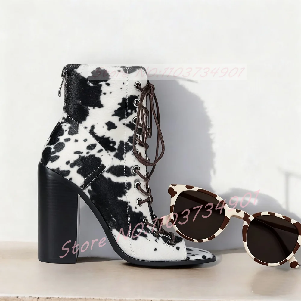 

Cow Color Print Suede Ankle Boots Women Patchwork Lace-up Hollow Open Toe Block Heels Shoes Lady Party Nifty Horsehair Footwear