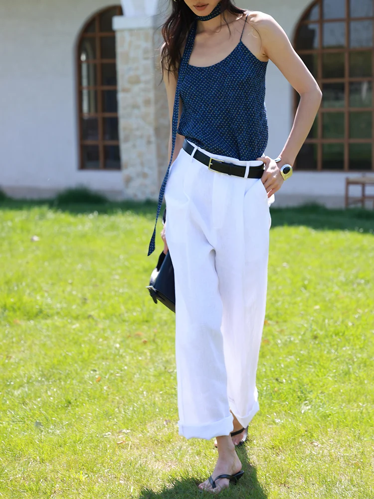 

FANNIU Casual Linen Pants Spring Summer Roll up Sli Color Loose Pleated Simple Match Casual Long Trousers for Women