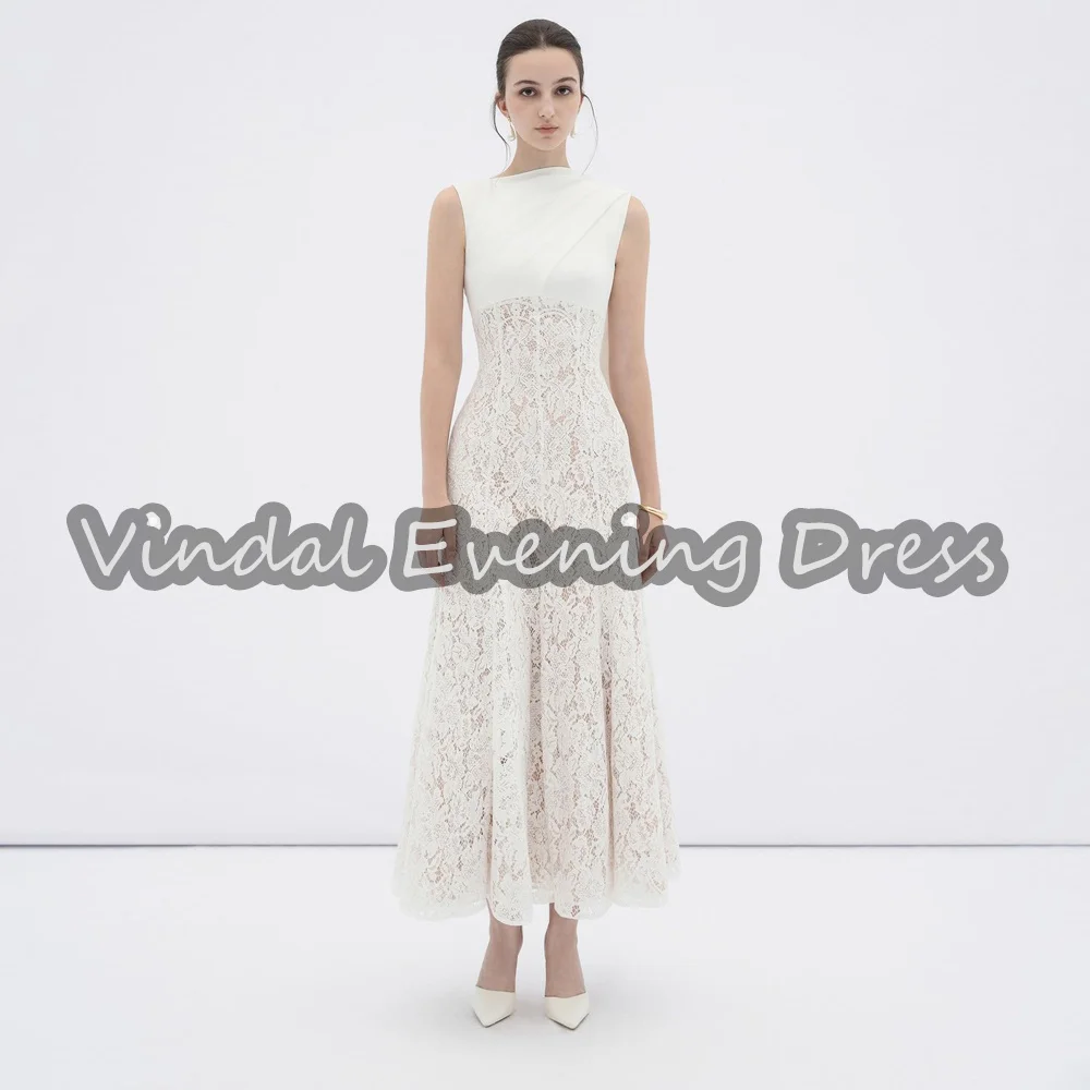 

Vindal Lace A-line Draped O-neck Ankle Length Simple Evening Dresses For Women 2025 With Sleeveless Elegant Sadui Party Dress