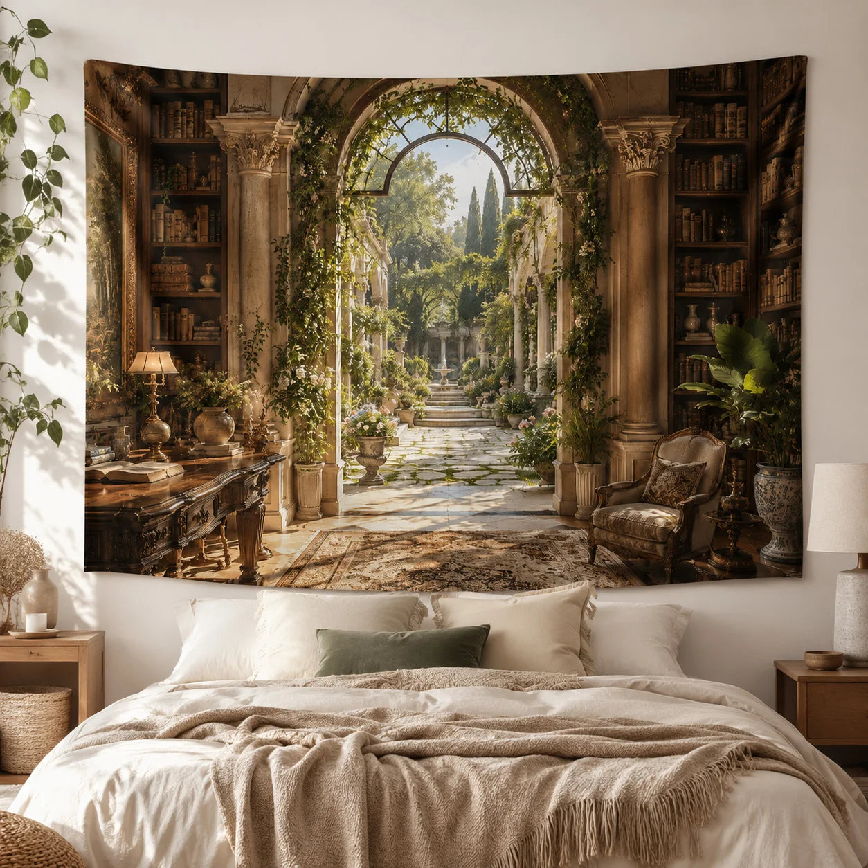 Vintage Arch Library Garden Wall Tapestry Retro Book Room Landscape Wall Hanging Aesthetic Home Decor