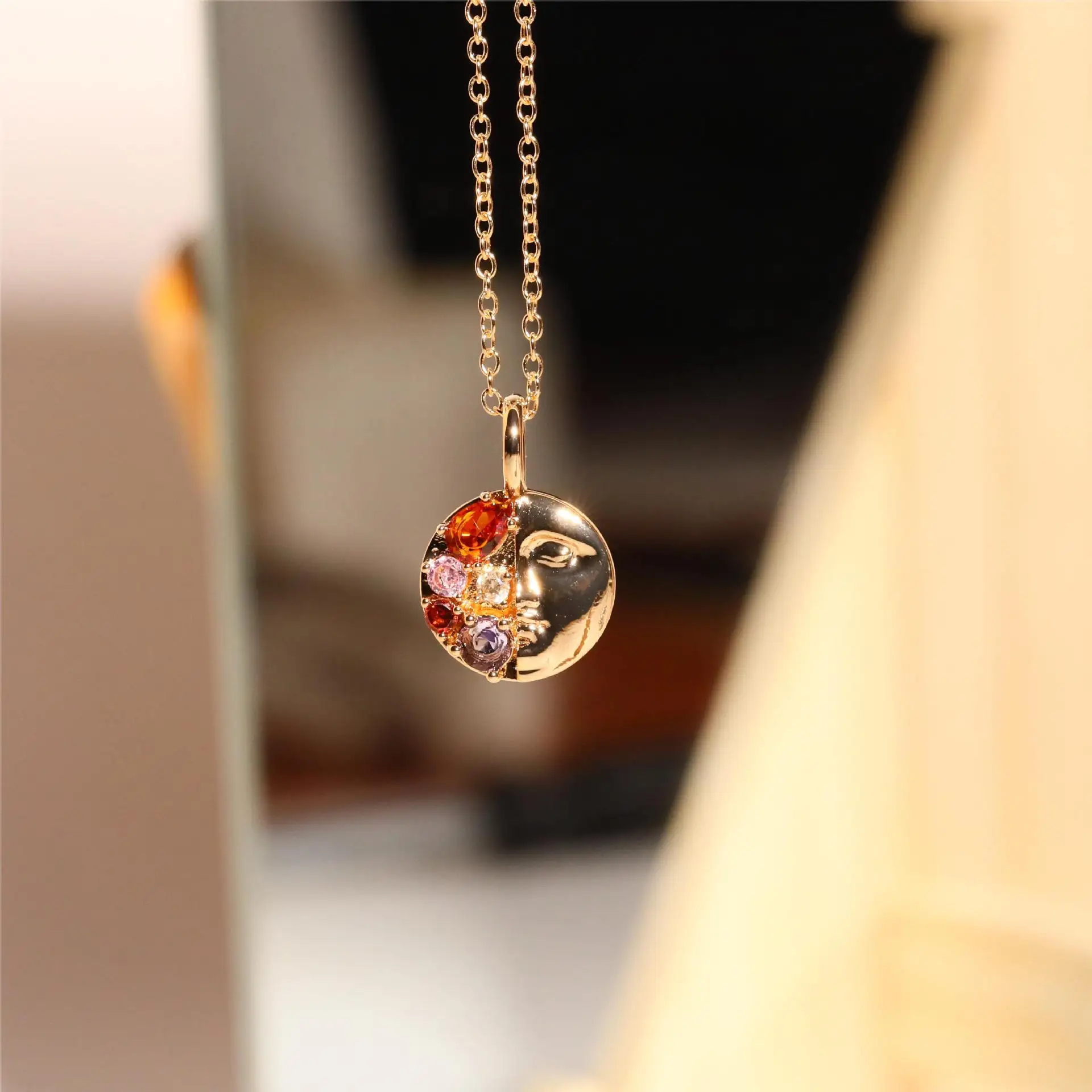 

Europe and America Gold Color Invisible Inlaid Multi-color Zircon Half Face Necklace UNISEX High End Party Jewelry Necklace