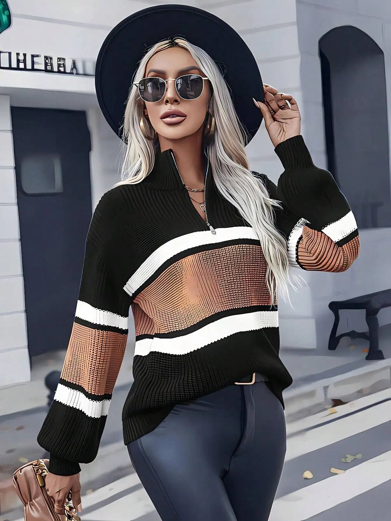 

Свитер с цветными вставками, на молнии до середины груди, с заниженной линией плеча, вязаный пуловер с длинными рукавами для осенне-зимнего сезона