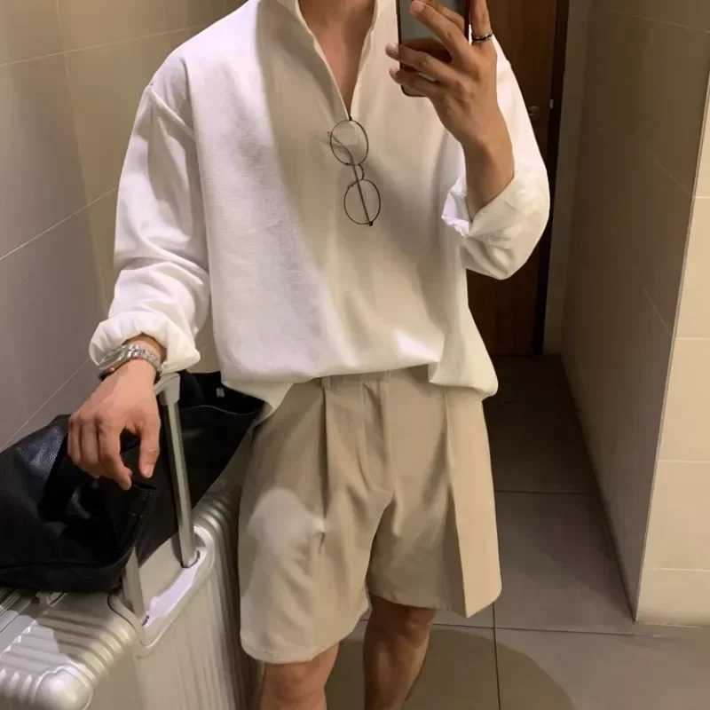 Oversized Korean-style Shirt Hanging Sense Shirt. Youth Long-sleeved Shirt Casual Travel Daily Street Fashion Men Loose-fitting