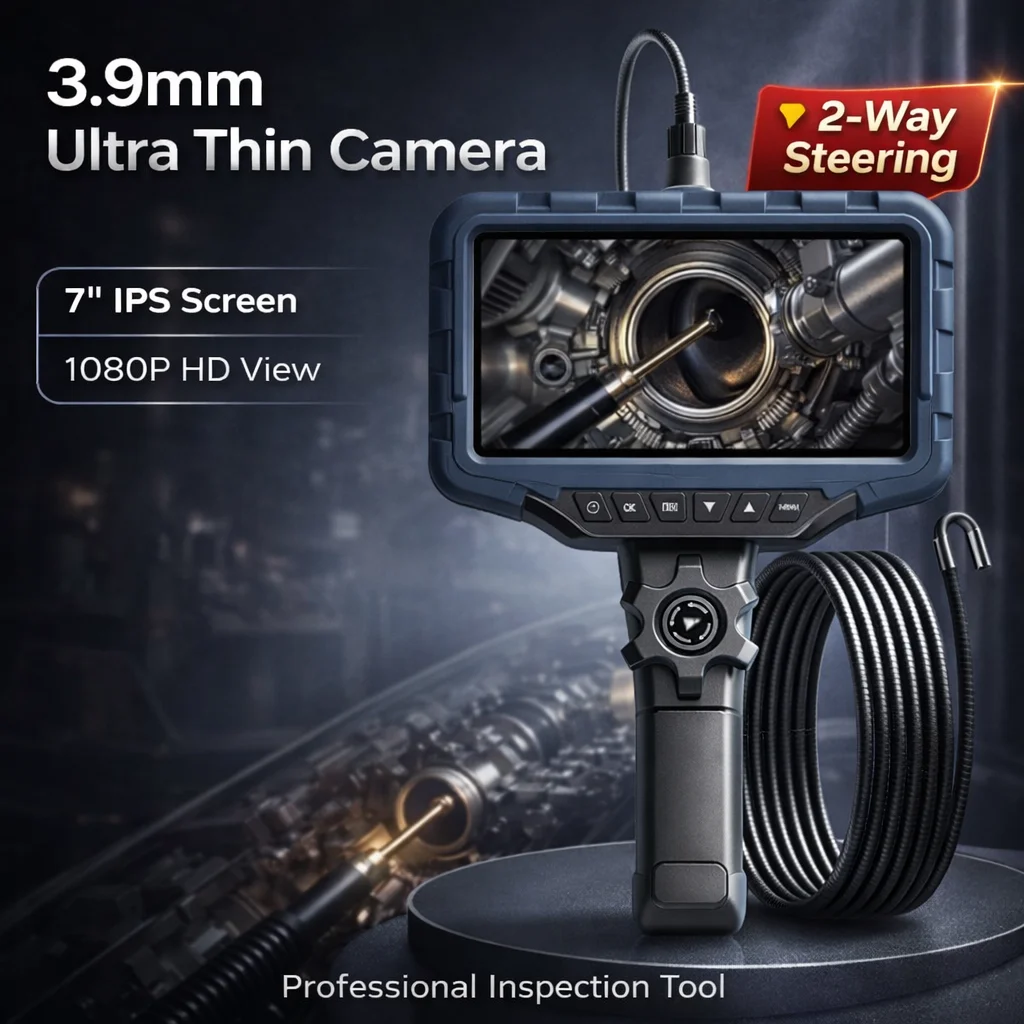 New 7Inch Big Screen Steering Endoscope Single/Dual Lens 3.9/6.2mm 2 Way ，210° for Engine Sewer Inspection Industrial Borescope