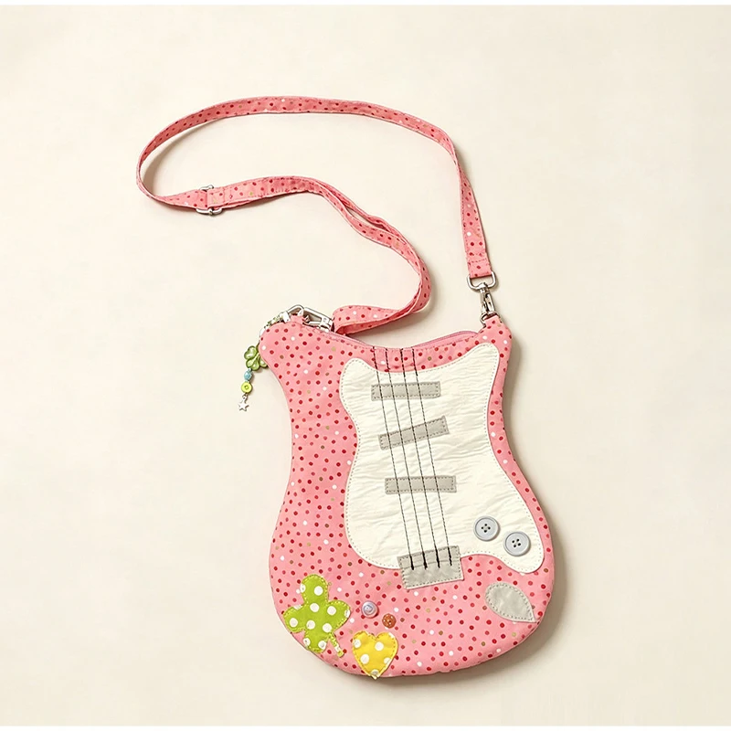 Umhängetasche in Gitarren-/Bassform, Handtasche aus Stoff mit vierblättrigem Kleeblatt- und Polka-Dot-Knopf-Design, leichte Freizeittasche – Detail 6