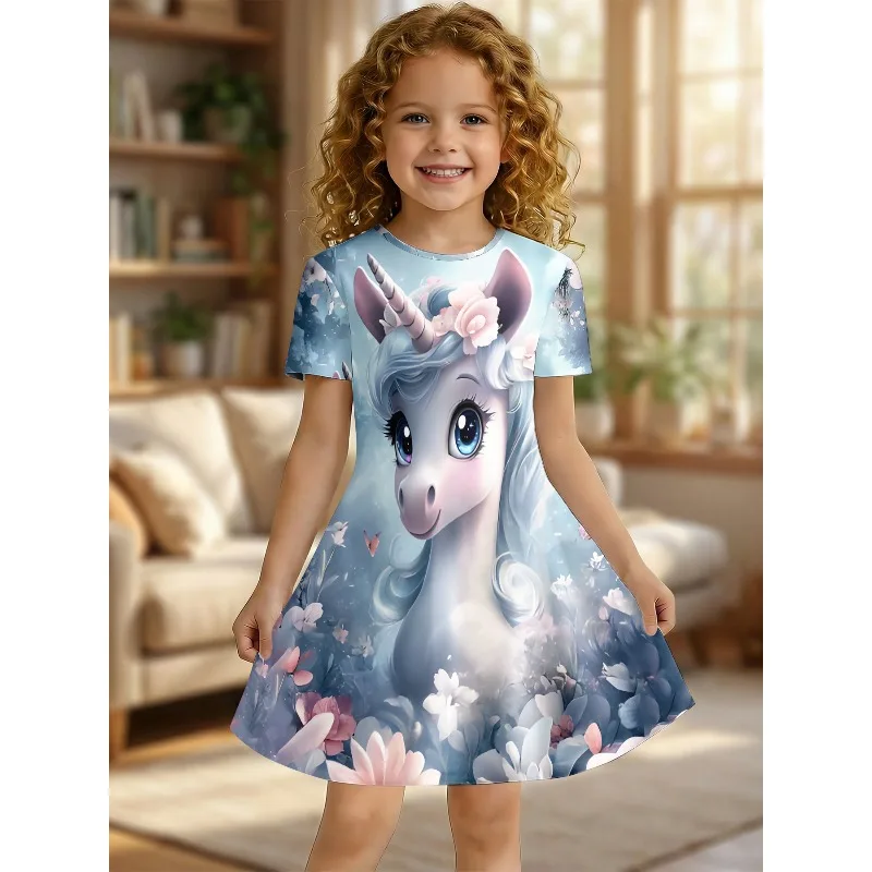 Girl Flower Unicorn Print T-shirt Dress, Children's Animal Enthusiasts Blue Watercolor Casual Dress Suitable for Birthday Gifts