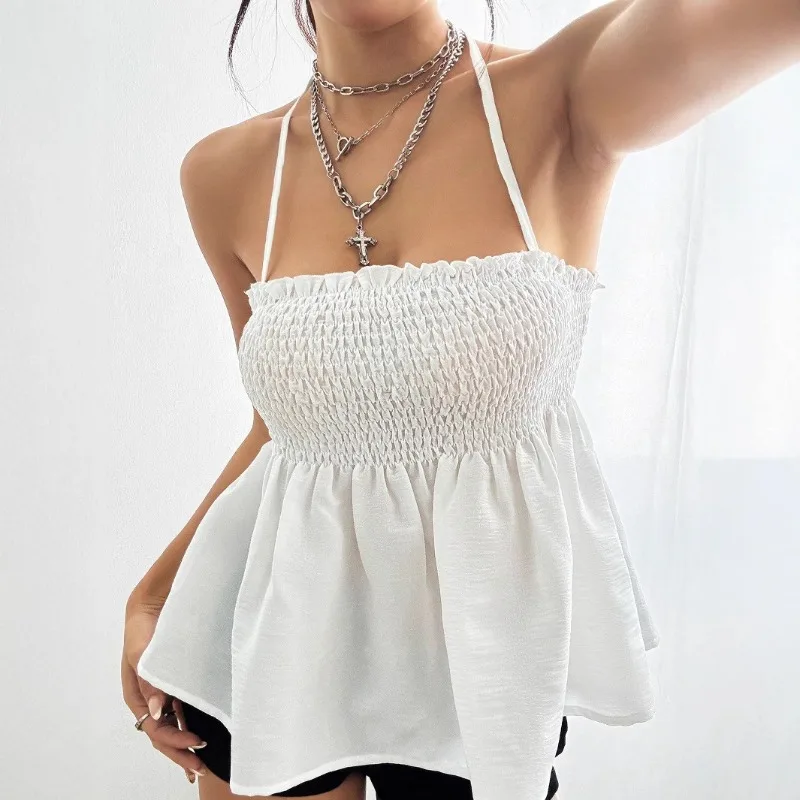 

Elegant Eleastic Vintage Women Ruch Camis Tops Sleeveless Spaghetti Strap Ruffles Pleated Solid Tank Summer Mini Vest Streetwear
