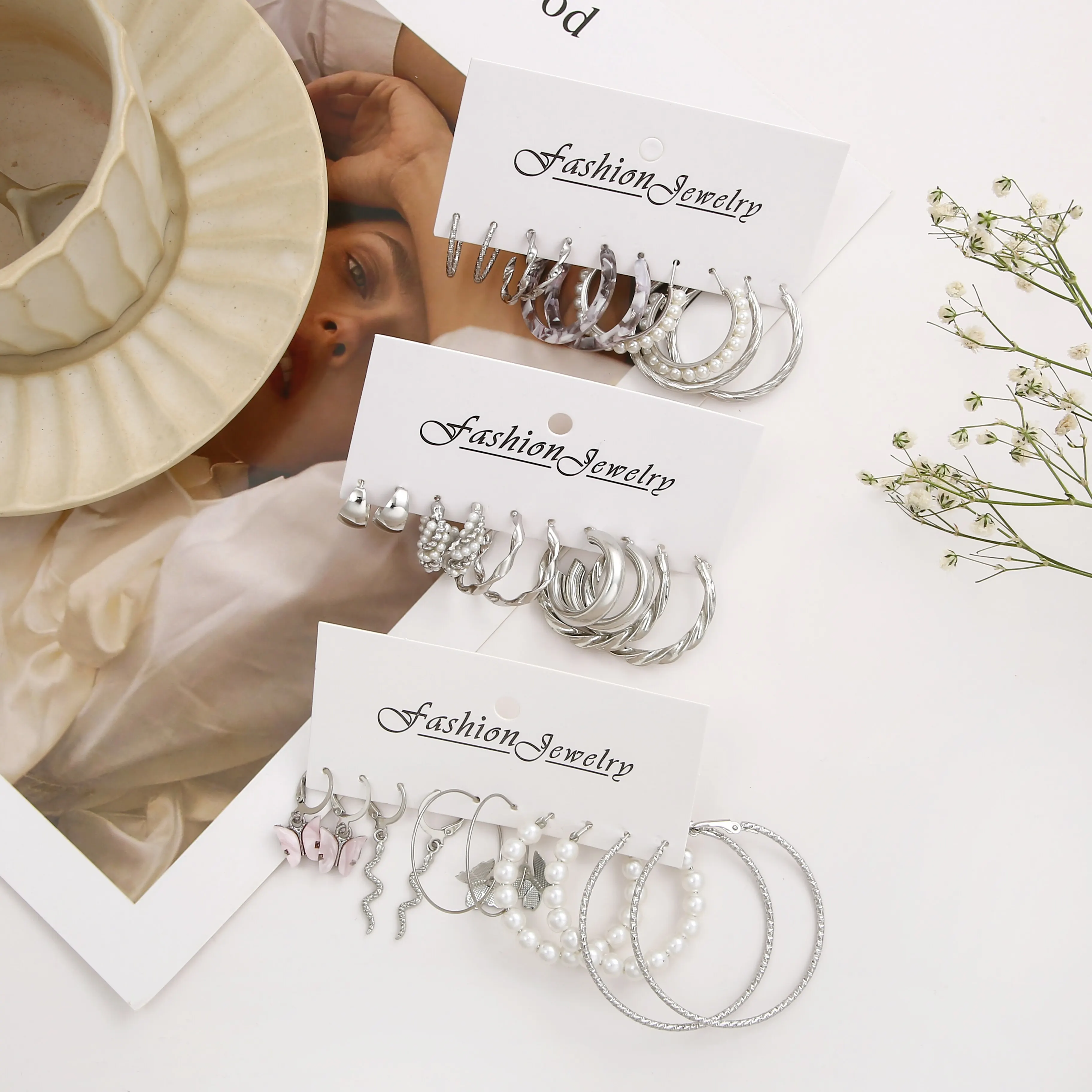 15Pairs Suit Of EarringsNew Style Creative Simple Temperament Lady Fake-pearl Butterfly Snake Fake-pearl Earring Silver-color image 5