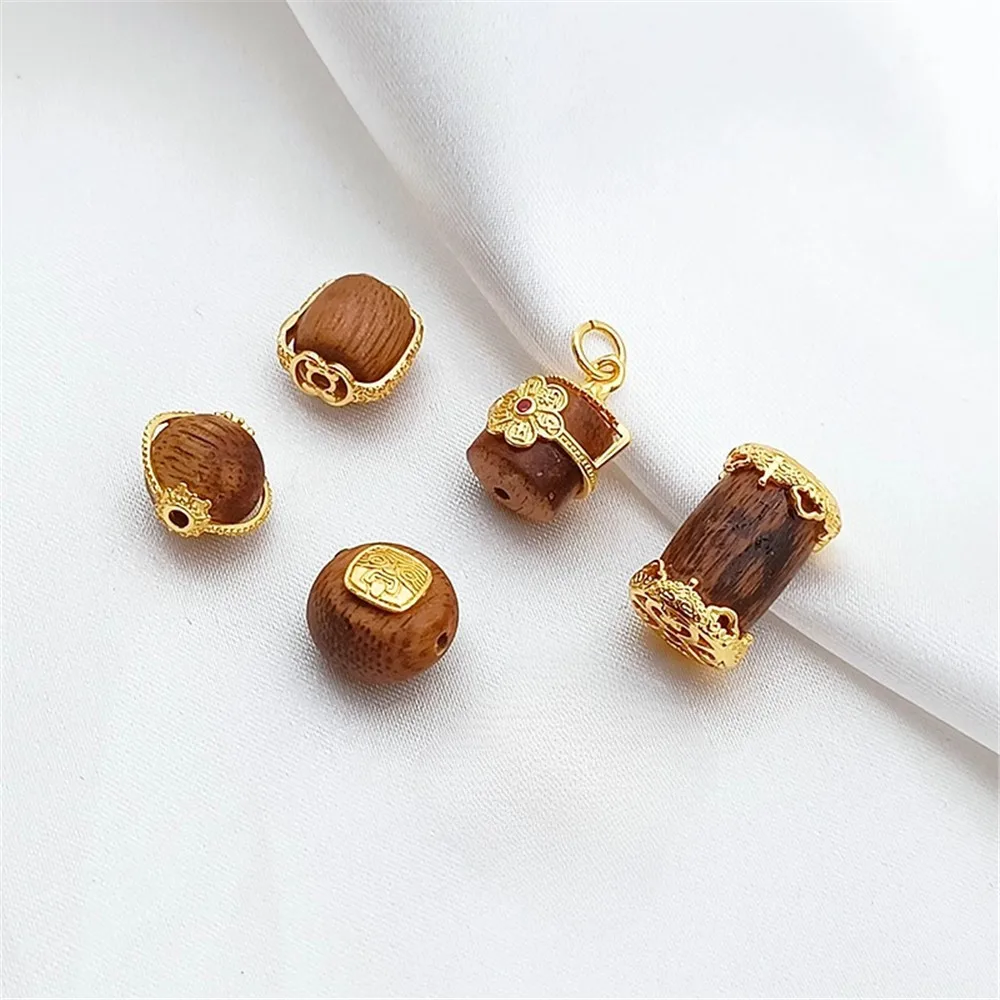 

14K Gold-encrusted Zircon Sandalwood Bucket Beads, Interlocking Beads, Diy Handcrafted Bracelet, Necklace, Accessory, Loose Bead