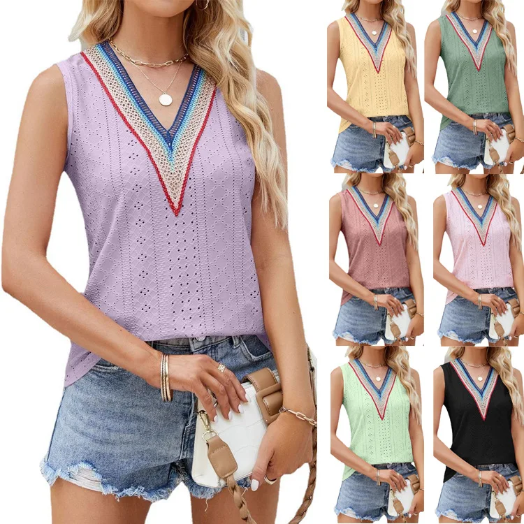 2024 Summer New Women's Top Wear Hollow V-neck Sleeveless Lace Panel Vest Women's Summer Blouse Soft Comfy Tees Women's Clothing