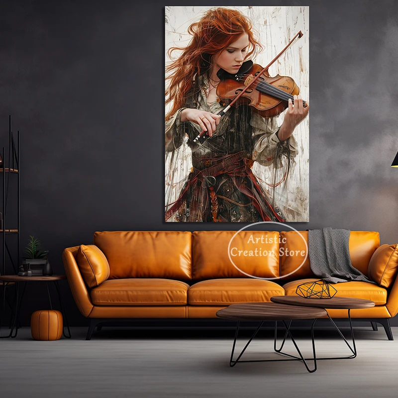 Graceful Violinist in Artistic Harmony Art  Poster Print Musician Girl Canvas Painting Wall Pictures Living Room Home Decor