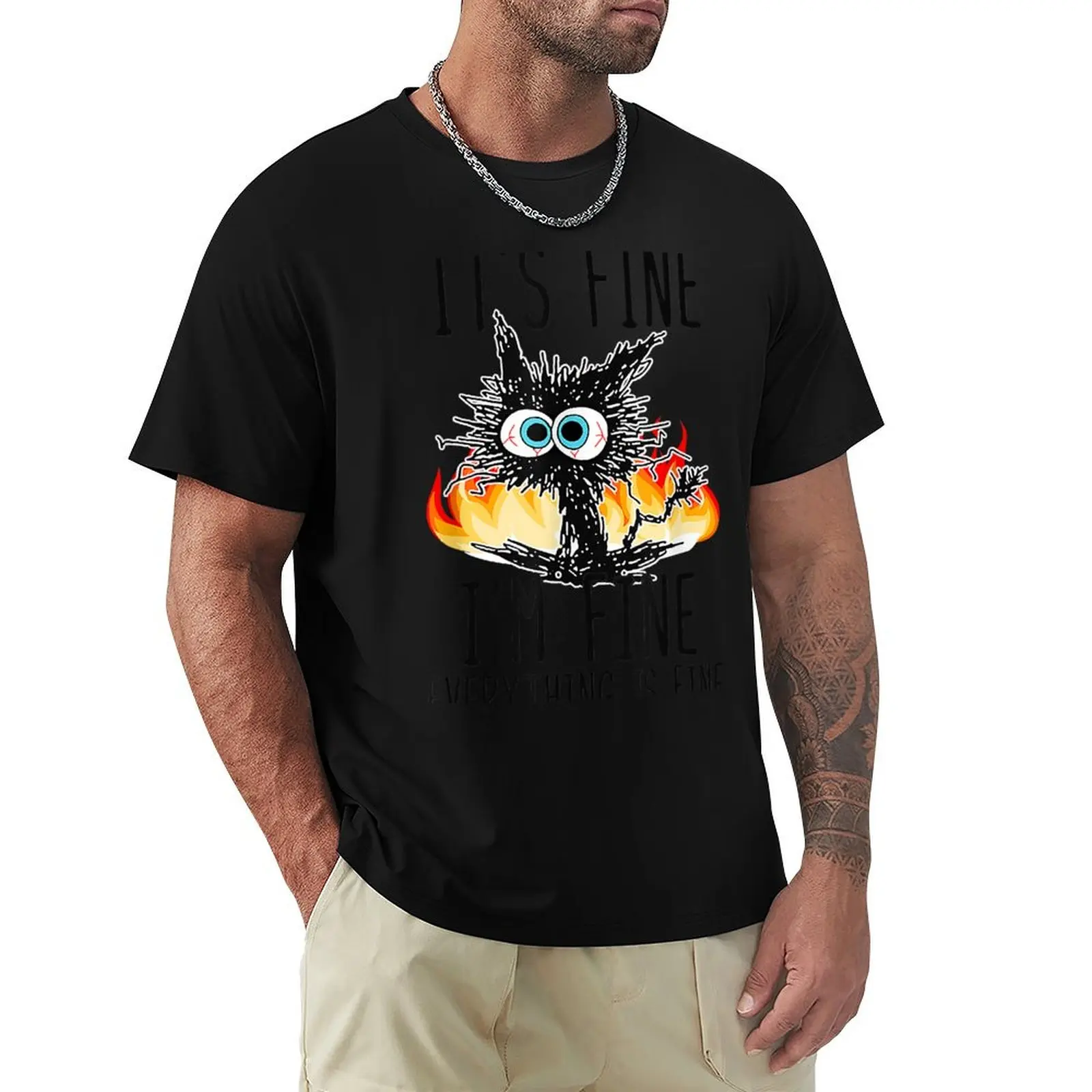 

It's Fine I'm Fine Everything Is Fine Funny Cat T-Shirt Basic Short Sleeve T-Shirt for Men