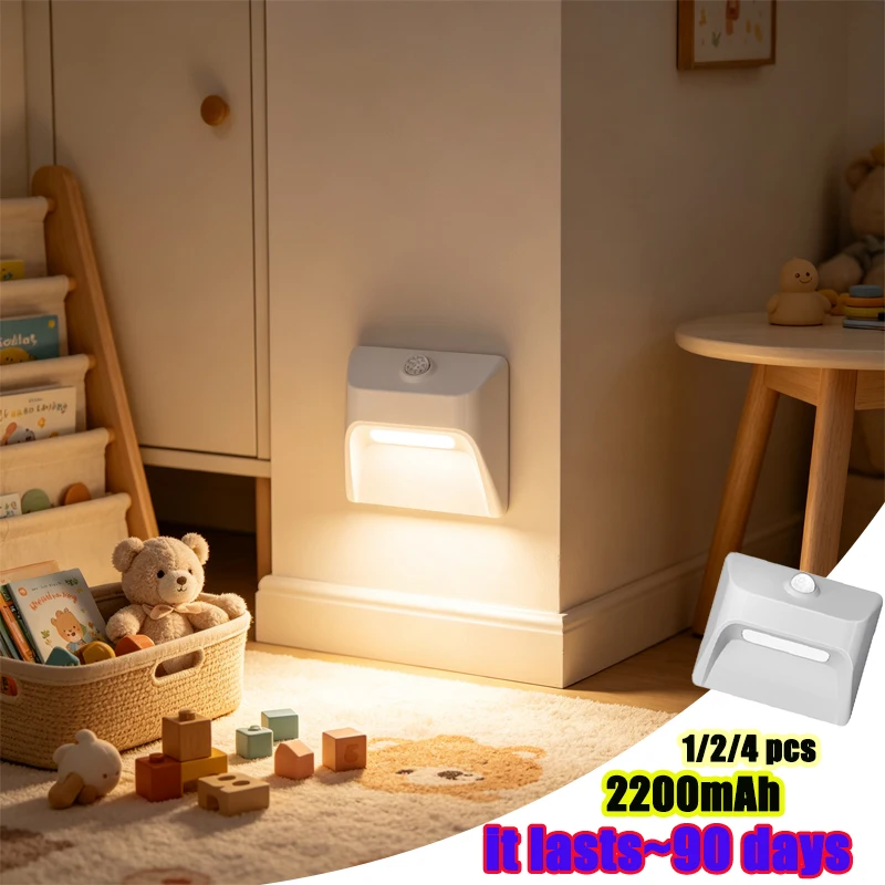 1-4 Stück PIR-Nachtlicht mit Bewegungssensor, 2200mAh Großer Akku, Duale Helligkeit, USB-Aufladbar, Schrittlampe mit Winkelverstellung für Schlafzimmer und Schränke