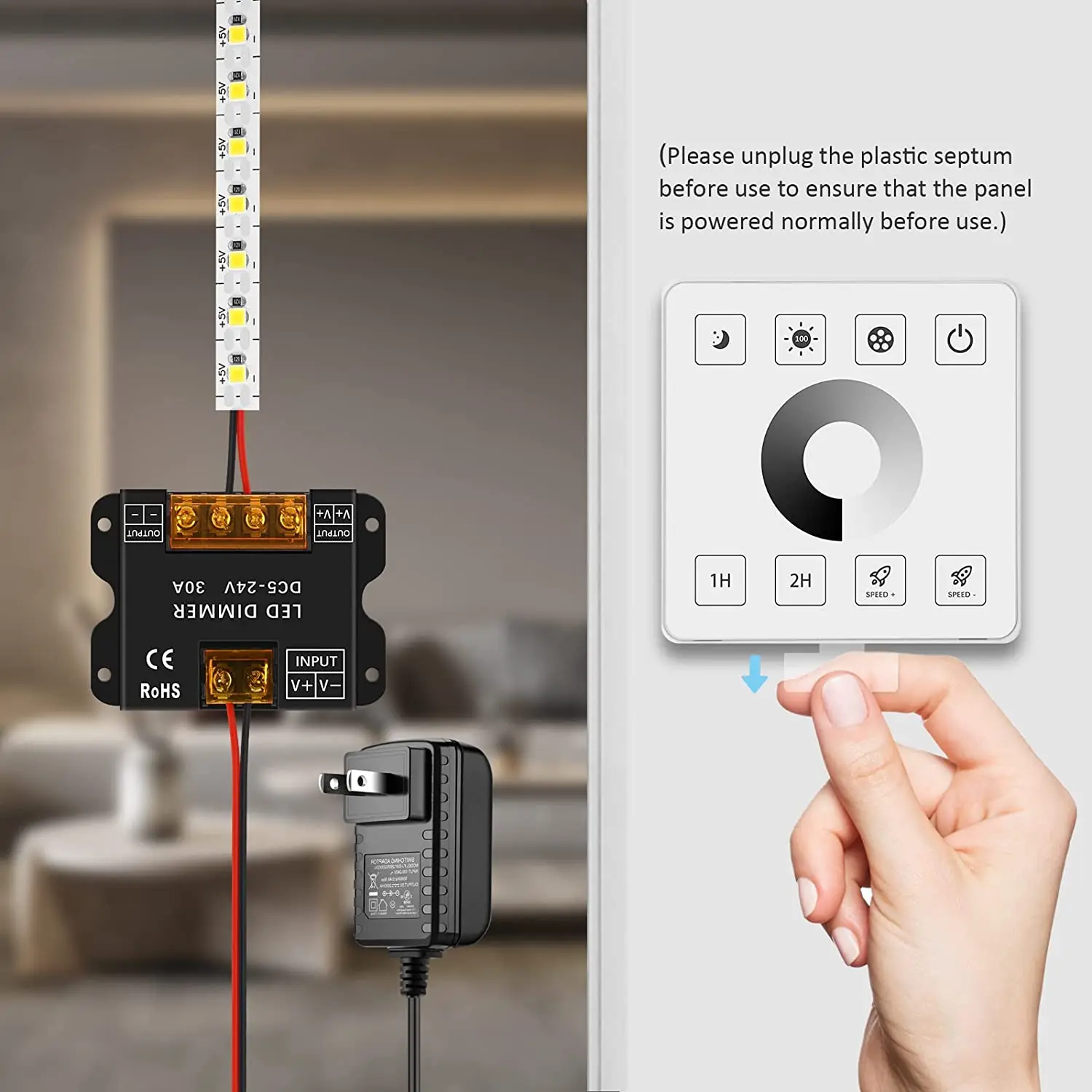 RF Wireless Wall- Mounted Touch Panel Dimmer Control for DC5-24V 30A Single Color LED Strip Lighting