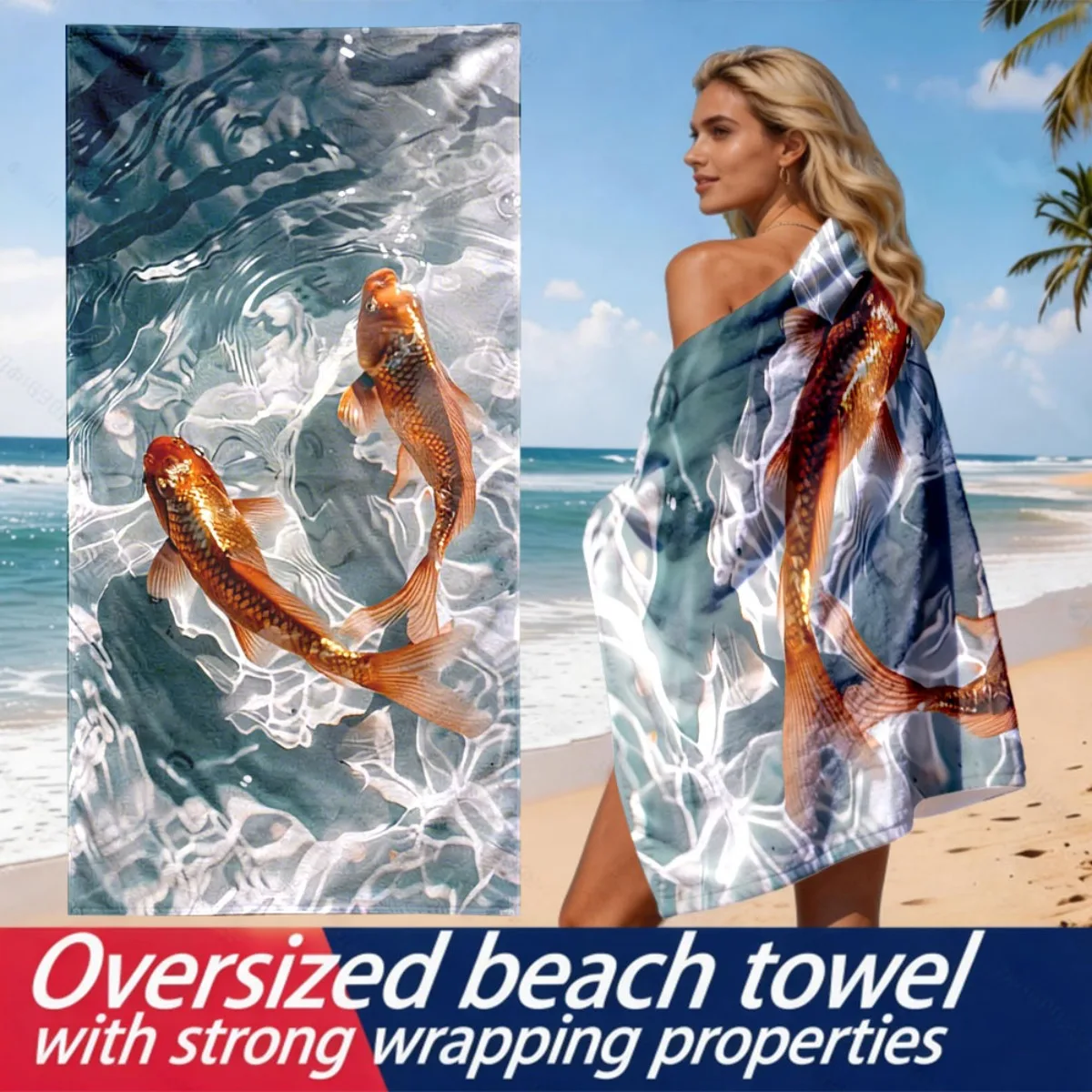 Koi fish ripple pattern theme polyester microfiber beach towel is highly absorbent, suitable for swimming and beach outings