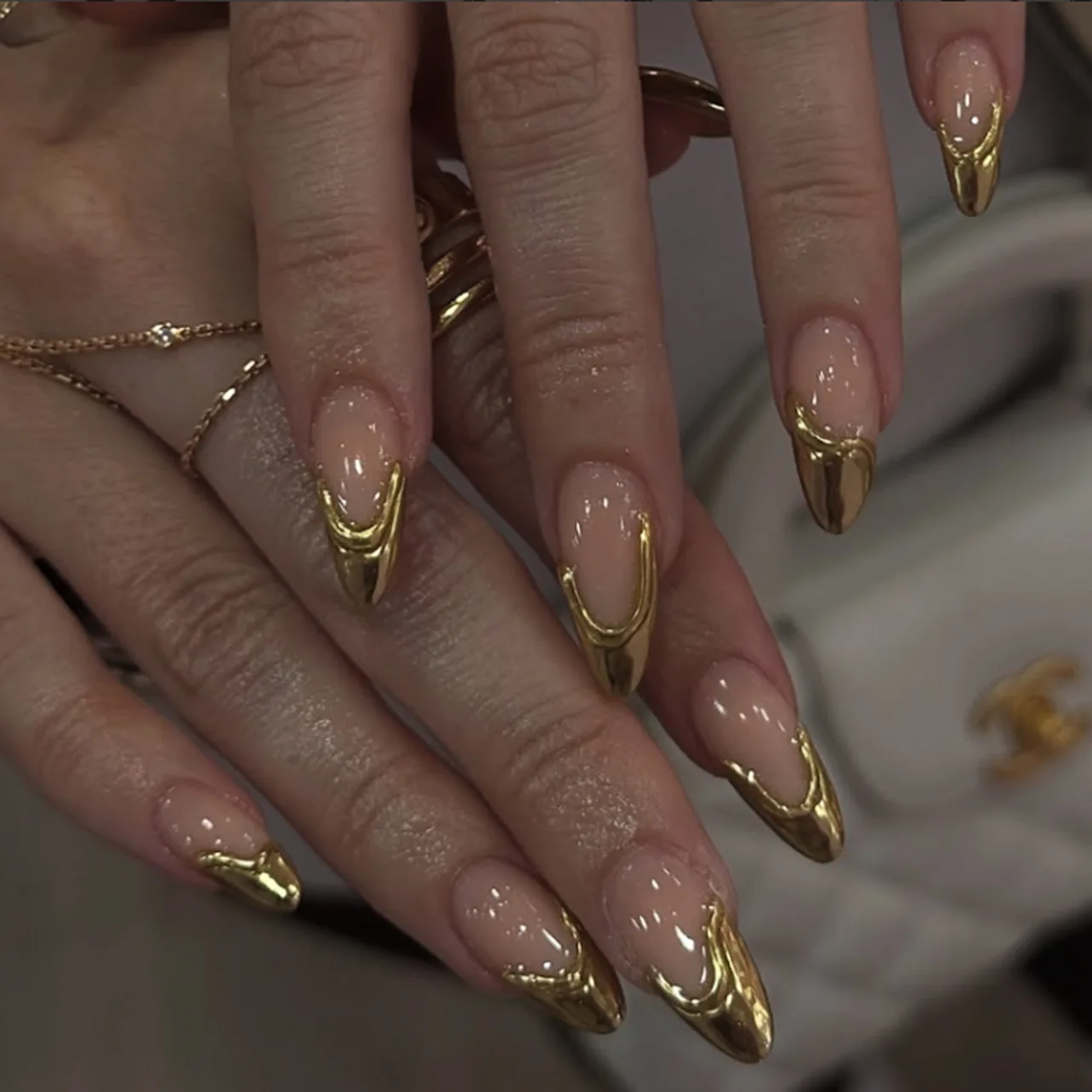 

24Pcs Short Almond Press On Nails, Nude with Metallic Gold French Tips Fake Nails for Elegant Luxury Style
