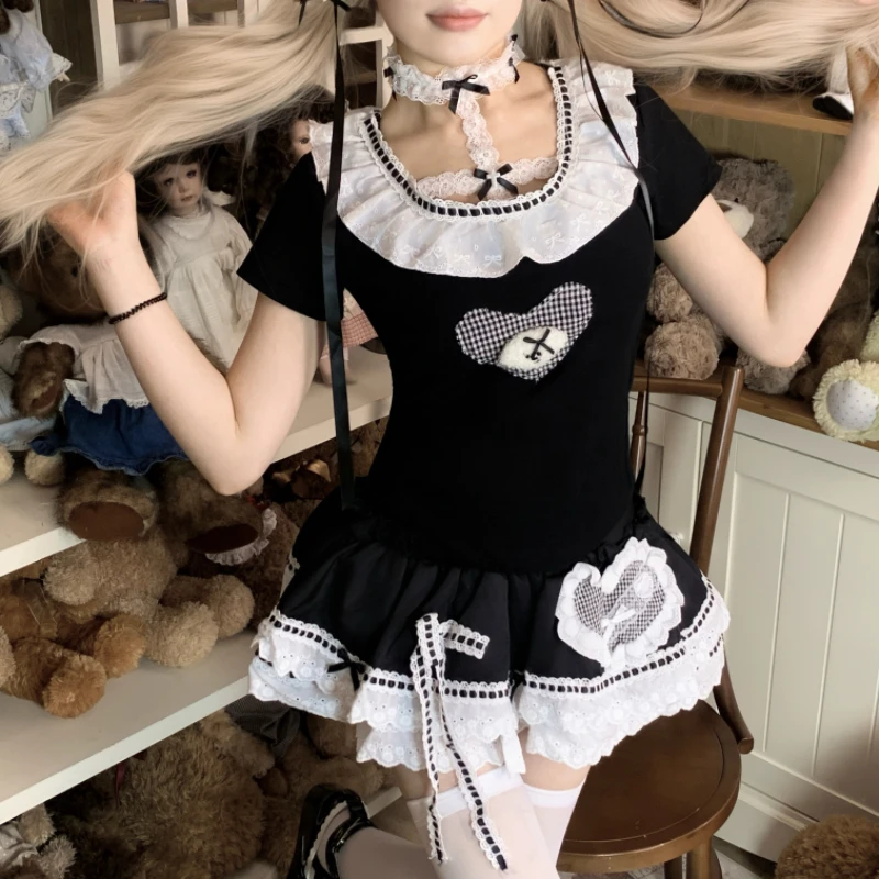 Subculture Y2K Rabbit Ear Short White Cardigan Jackets Slim Fit  Halter Short Sleeve T-Shirt Cake Half Skirt Set Womens Outfits