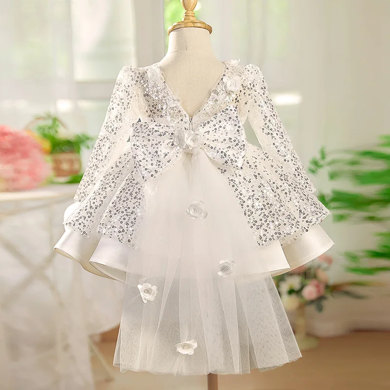 KLFLGD uxury Girl Graduation Ball Evening Dress Sparkling Lace Short Skirt Baby Official Christmas Dress Year One Photo Dress