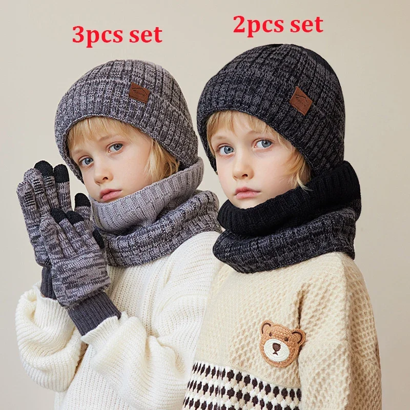 3 Stuks Jongens Winter Muts Sjaal Handschoenen Set Dikke Pluche Fleece Gevoerd Winter Beanies Jongens Kids Short Snood 2 Stuks Winter Set Jongen