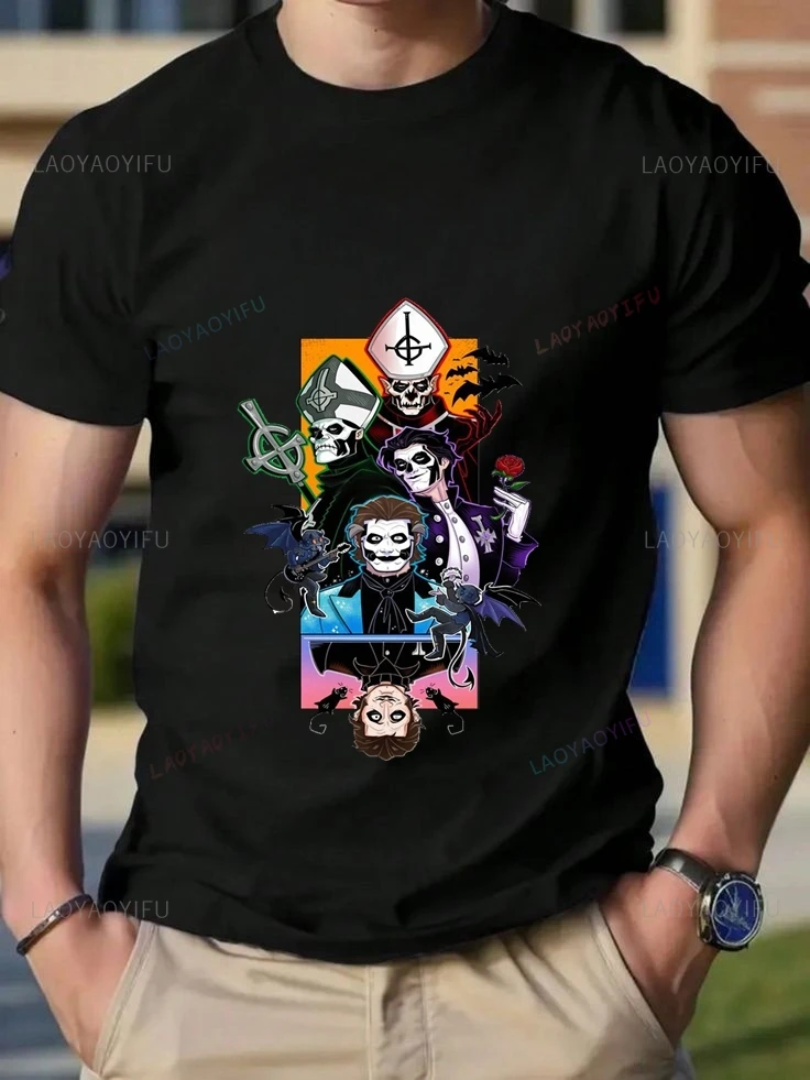 

Classic Poster-patterned Fashion T-shirt of The Swedish Rock Band "Ghost", A Retro-style Rock Casual Cotton T-shirt