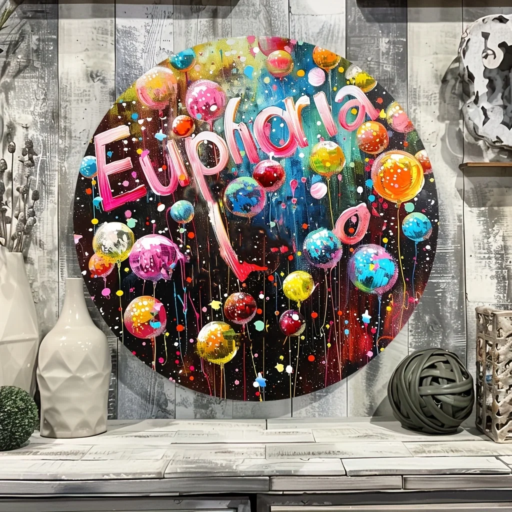 Panneau mural en métal 2D plat, 1 pièce, « Euphoria » – Décoration murale fantaisie en métal – Décor rond avec des symboles joyeux pour la maison, le bureau et le jardin