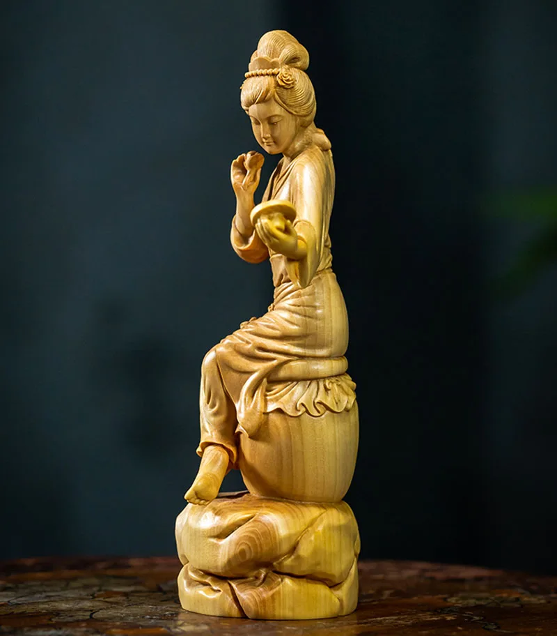 XS710- 16 Tall Beauty Fairy Figure Boxwood Sculpture Feng Shui Wood Carving Beautiful Lady Girl Statue Collection Ornaments