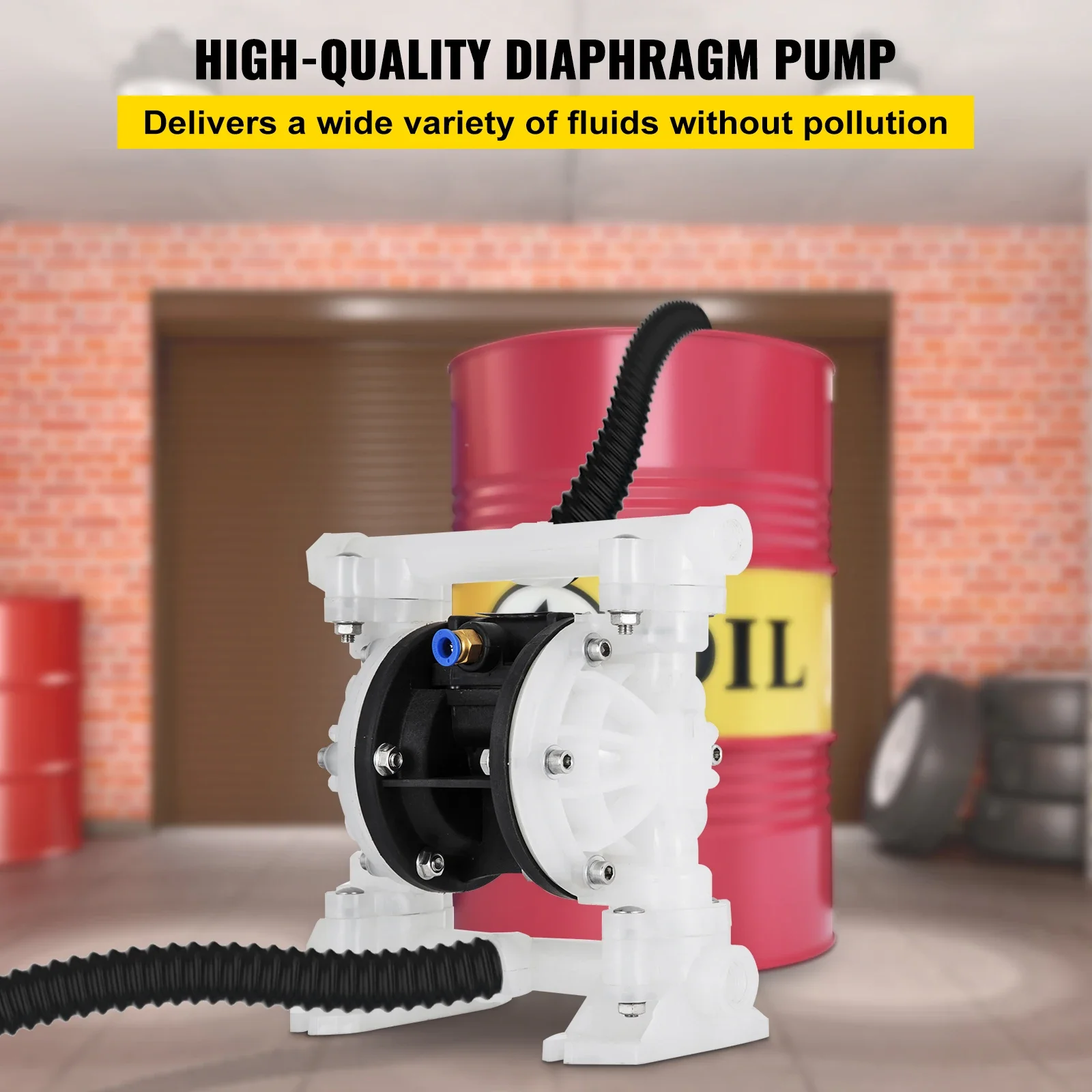 VEVOR Air-Operated Double Diaphragm Pump 1/2 in Inlet & Outlet Polypropylene Body 8.8 GPM & Max 120PSI PTFE Diaphragm Pneuma