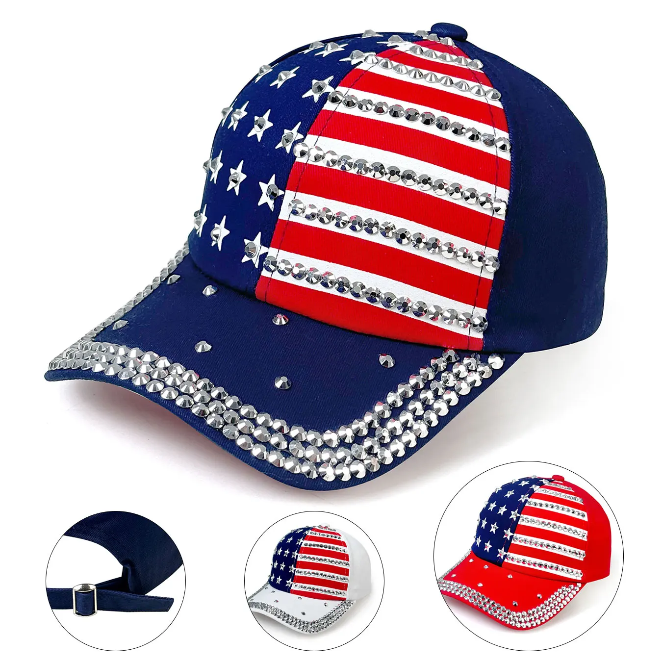 قبعة بيسبول بعلم أمريكي وطني، مزينة بأحجار الراين، صناعة يدوية، مقاس قابل للتعديل، للجنسين، تتميز بنجوم وخطوط، مناسبة لجميع المواسم، قبعة ركاب #1