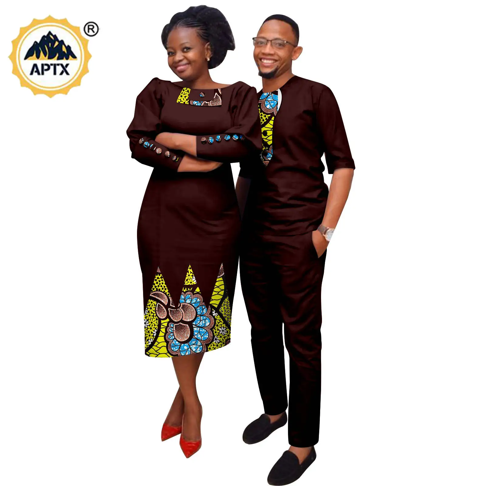 African Appliques Dresses for Women Matching Couple Outfits Dashiki Men Clothes Bazin Riche Top and Pant Sets Wedding  24C050