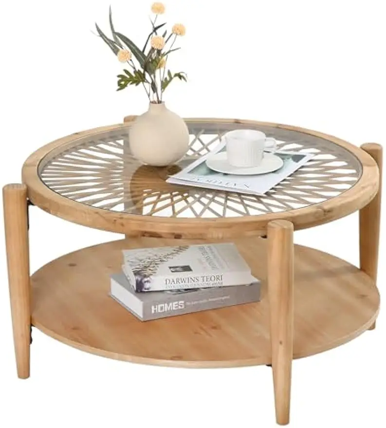 RUSTOWN Farmhouse Round Coffee Table, 2-Tier Boho Center Table with Handmade Rattan & Tempered Glass Top and Wood Legs