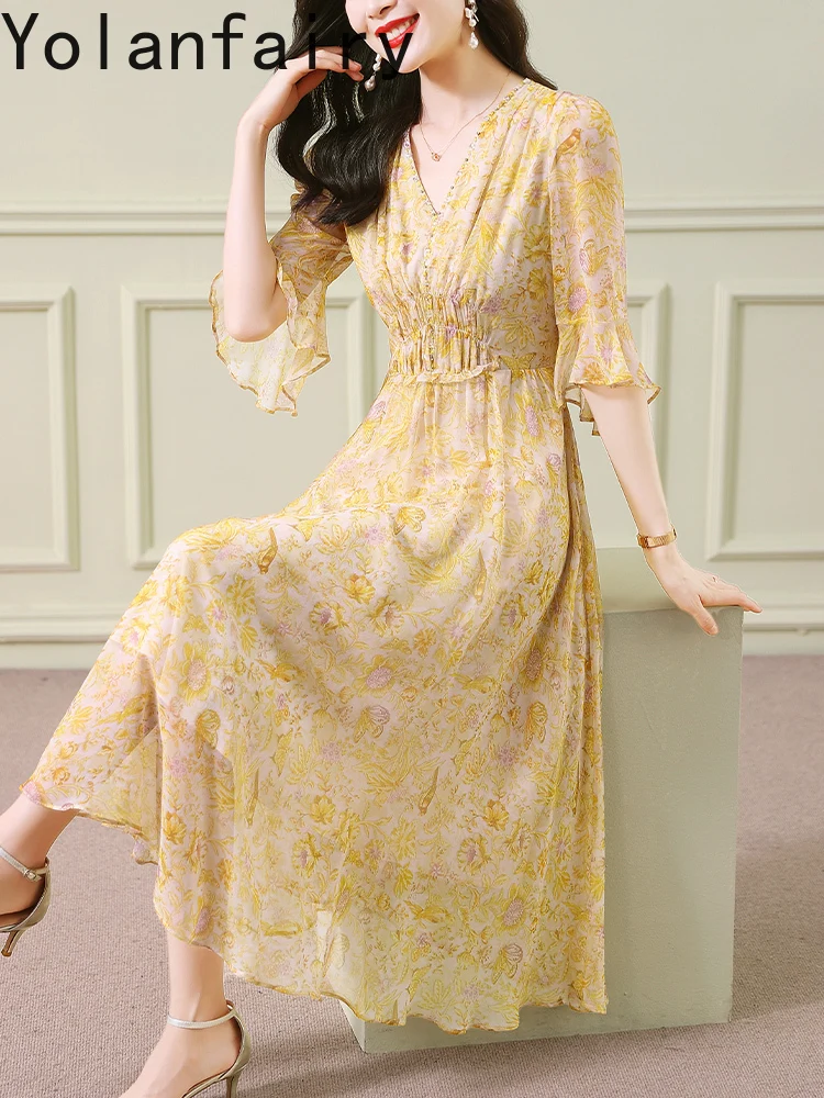 YOLANFAIRY High-end 100% vera seta di gelso vestito da donna 2025 estate francese elegante abito floreale con scollo a V abiti lunghi da vacanza