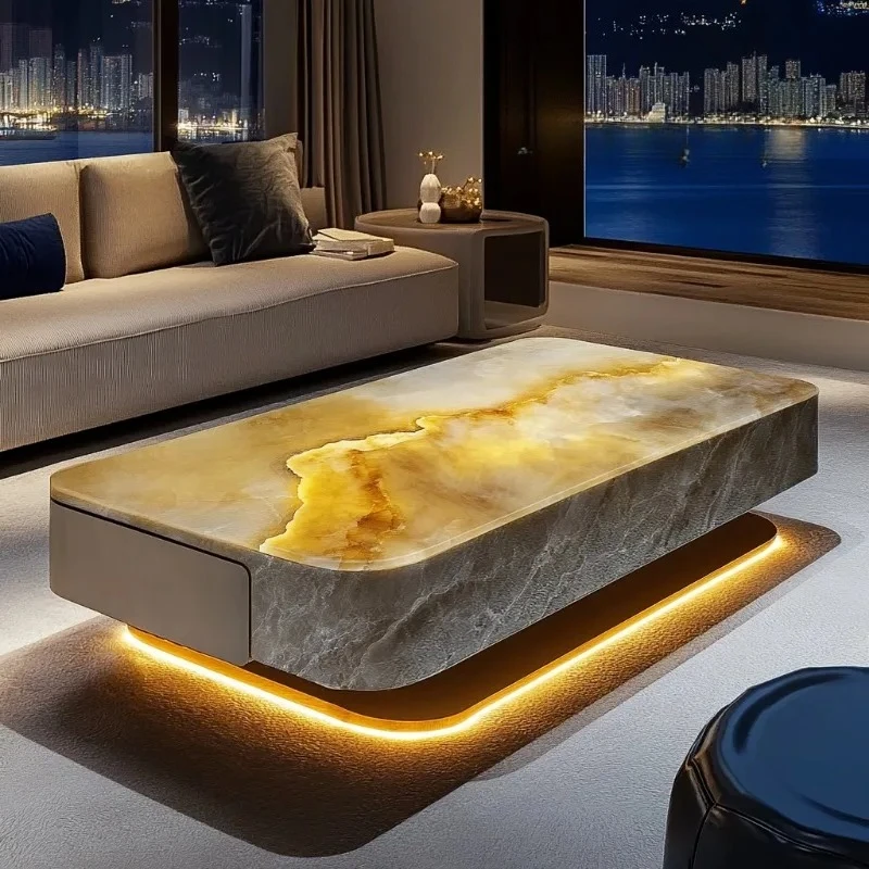 

Square luminous jade luxury stone coffee table living room custom modern light luxury style large flat floor home