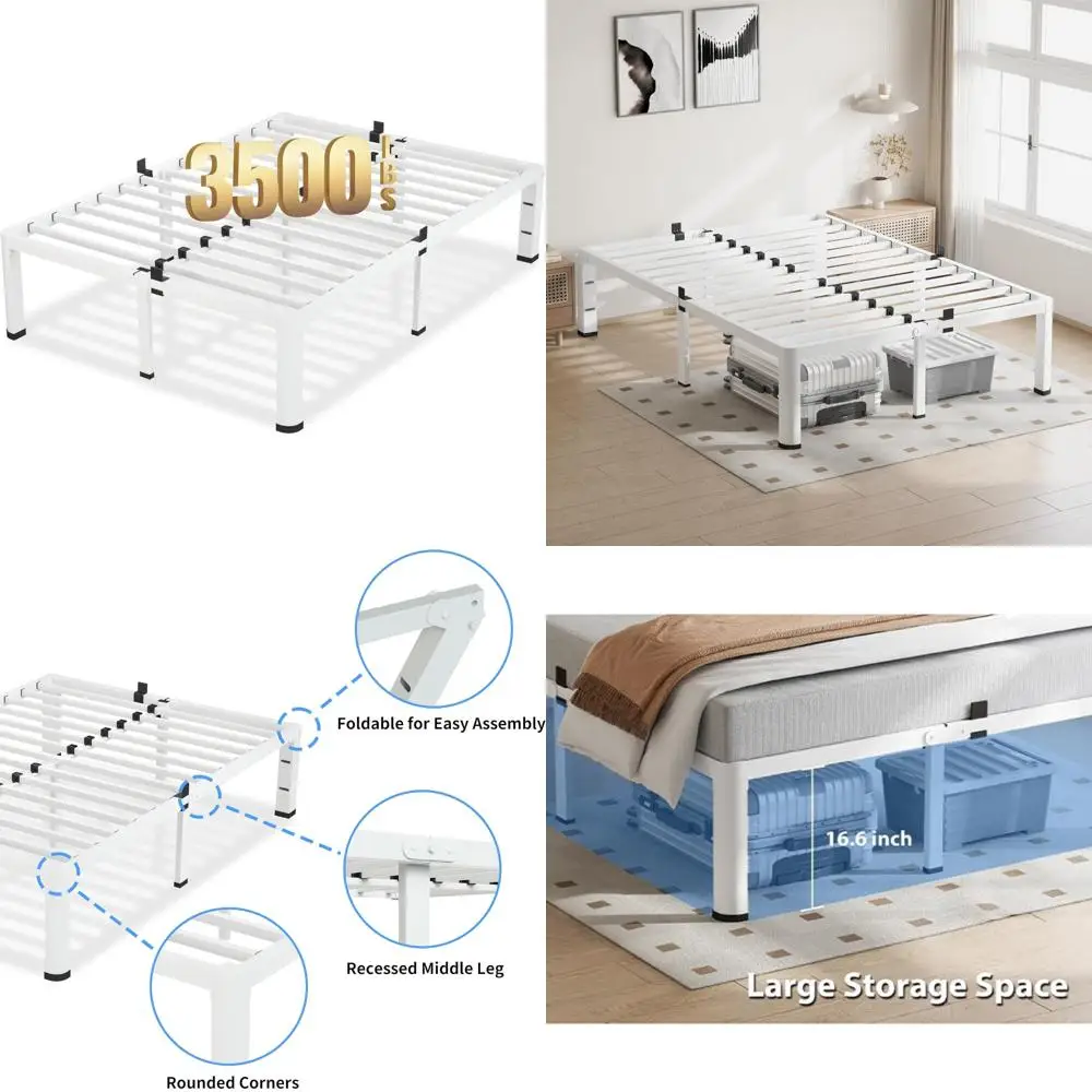 

18 Inch Queen Size White Metal Bed Frame with Heavy Duty 3500Lbs Capacity, Round Corner Legs, Mattress Slide Protection, and Ste