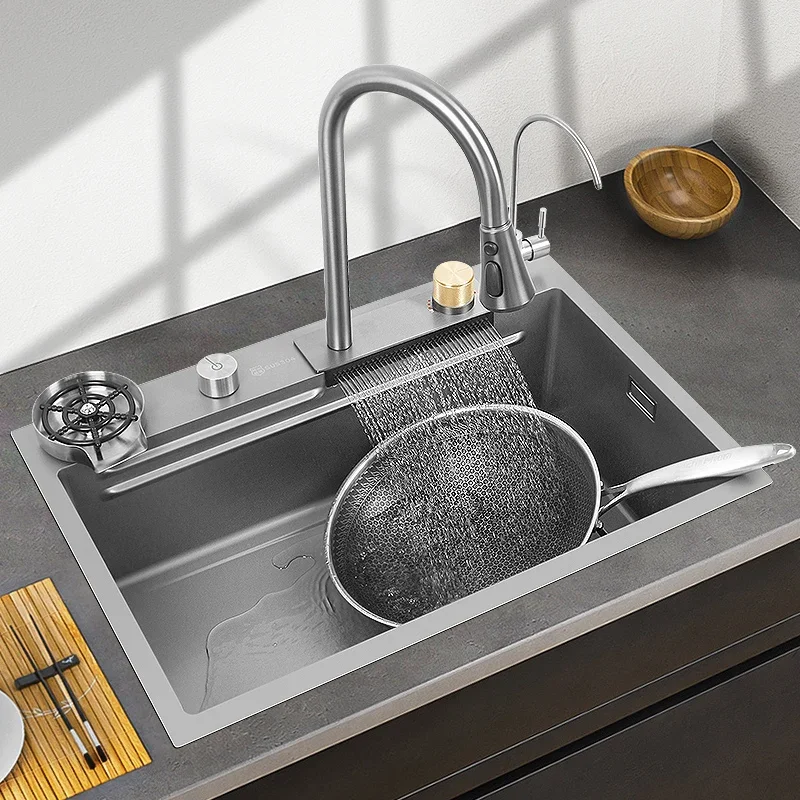 Waterfall Kitchen  Stainless Steel Sink Large Single Bowl Dishwasher Nano multi function sink faucet Smart Wash Basin